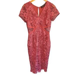 Little Mistress Rose Pink Floral Lace Short Sleeve Midi Dress - size 6
